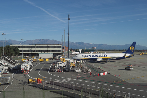 Turin, Italy - Circa October 2022: RyanAir Boeing 737-8AS parked at the airport