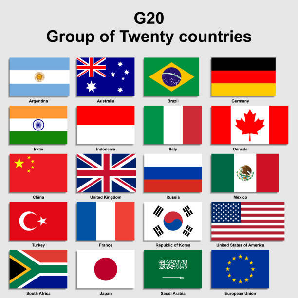 illustrazioni stock, clip art, cartoni animati e icone di tendenza di imposta le bandiere g20 con i nomi. illustrazione vettoriale - argentina arabia saudita