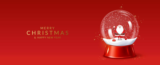 산타 클로스와 함께 투명한 눈 지구본이있는 크리스마스와 새해 인사말 카드. - snowball stock illustrations