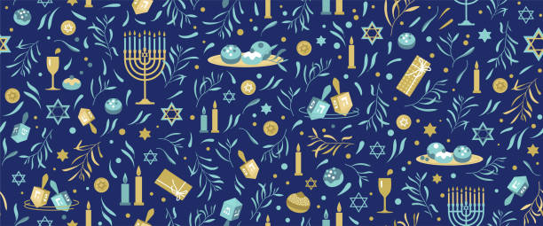 ilustraciones, imágenes clip art, dibujos animados e iconos de stock de feliz patrón sin costuras de hanukkah con símbolos navideños tradicionales. - hanukkah