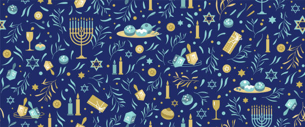 illustrazioni stock, clip art, cartoni animati e icone di tendenza di happy hanukkah seamless pattern con simboli tradizionali delle vacanze. - menorah