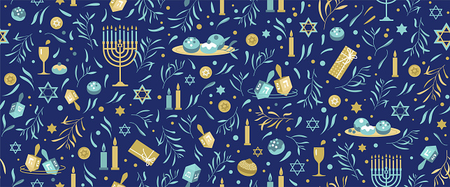 Happy Hanukkah Seamless Pattern with traditional holiday symbols. Jewish holiday Hanukkah vector background.