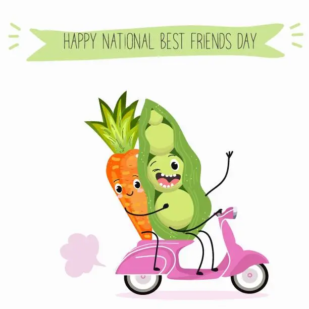 Vector illustration of Vector illustration best friends vegetables carrot and pea ride scooter, fun, funny hand drawn cartoon characters, text happy national best friends dAY.