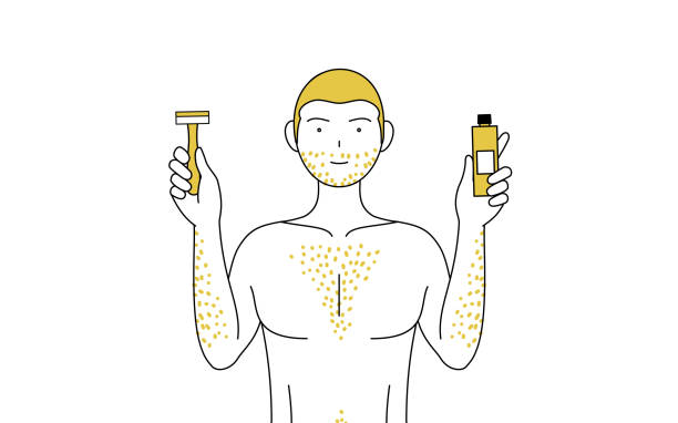 rysunki linii mężczyzn cierpiących na gęste owłosienie ciała, trzymających żyletkę i krem do depilacji - chest hair stock illustrations