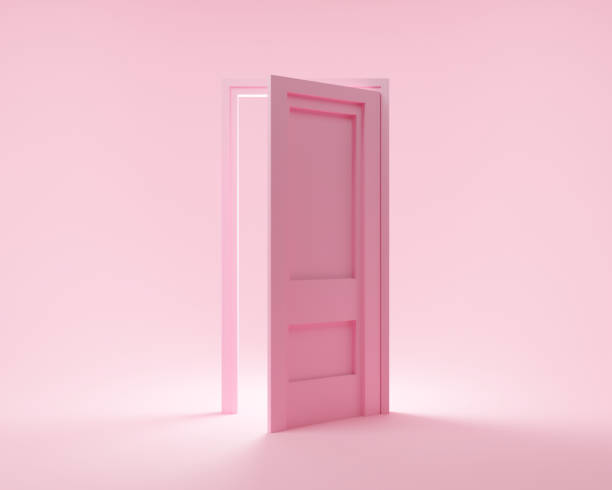 illustrazione di rendering 3d rosa della luce all'interno dal moderno design minimalista della porta aperta della casa. icona aziendale metafora astratta su sfondo carino. - new possibilities immagine foto e immagini stock