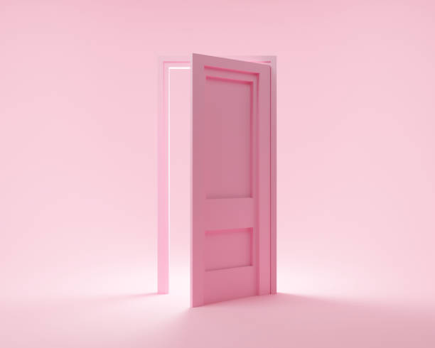 istock Pink 3d render illustration of light inside  from modern  minimal home open door concept design. Abstract metaphor business icon on cute background. 1436356081