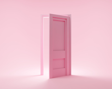 Pink 3d render illustration of light inside  from modern  minimal home open door concept design. Abstract metaphor business icon on cute background.