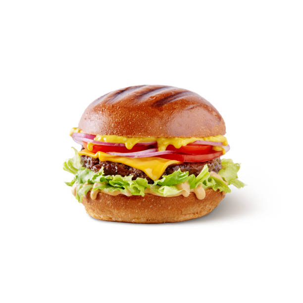istock Hamburger with pork cutlet, lettuce, onion, tomatoes, cheese and sauce on a white background 1436357137