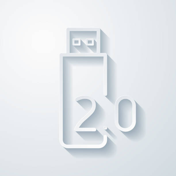 ilustraciones, imágenes clip art, dibujos animados e iconos de stock de unidad flash usb 2.0. icono con efecto de corte de papel sobre fondo en blanco - usb 2 0