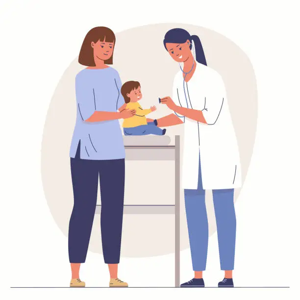 Vector illustration of Pediatric consultation. Mother brought child for examination. Vaccination. Vector flat illustration