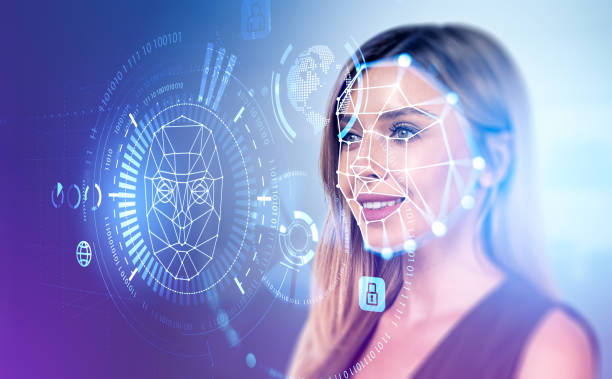 Businesswoman and biometric scanning, digital hologram with binary stock photo
