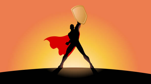 Superhero Holding a Shield Silhouette Stock Illustration vector art illustration