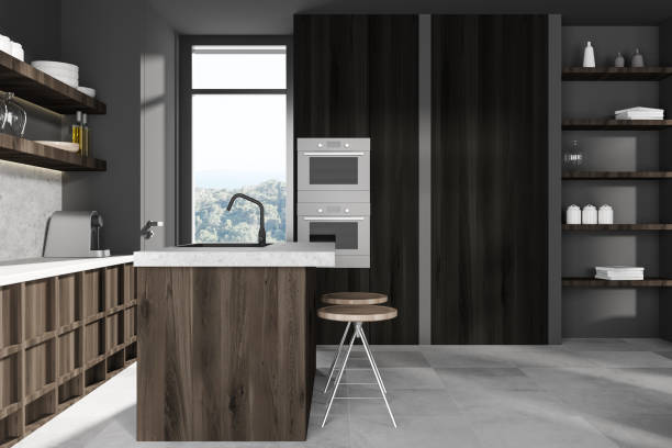 istock Grey kitchen interior with bar countertop and seats, panoramic window 1436360026