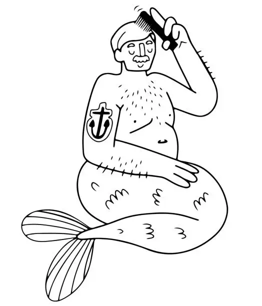 Vector illustration of Cute chubby gay merman with anchor tattoo