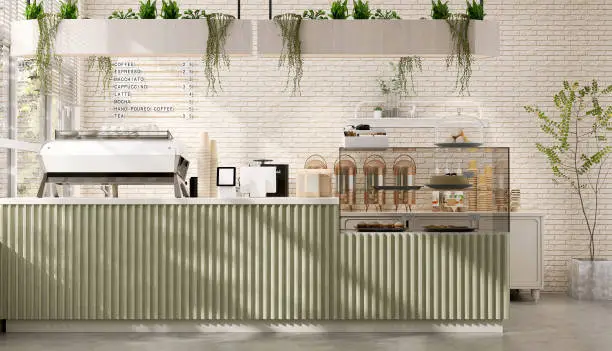 Photo of Modern and luxury design of cafe counter with espresso machine, digital tablet computer cash register and cake display refrigerator with sunlight and leaf shadow from window on white brick wall