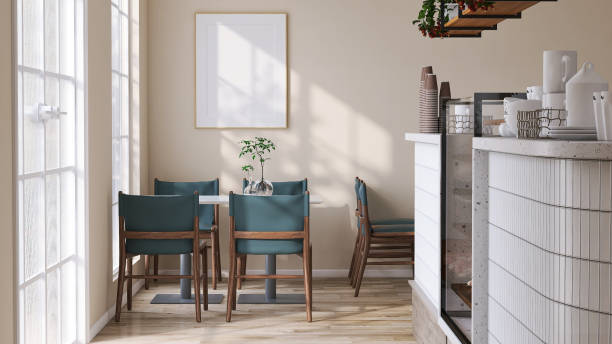 istock Modern, cozy and luxury beige cafe design with granite counter, cake display refrigerator, table and chair on parquet floor in sunlight from window 1436360844
