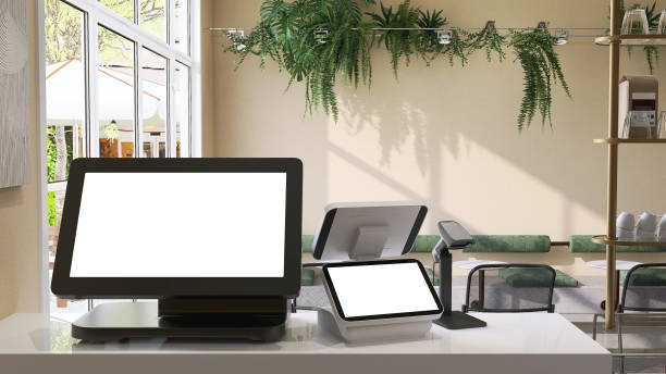 istock Close up of digital cash register with blank computer touch screen with tablet and bar code reader on counter in modern and luxury cafe 1436360918