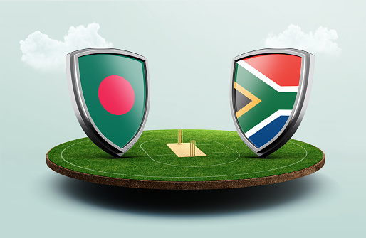 Bangladesh vs South Africa cricket flags with shield celebration stadium 3d illustration