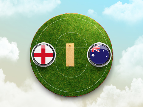 England vs Australia cricket flag with Button Badge on stadium 3d illustration