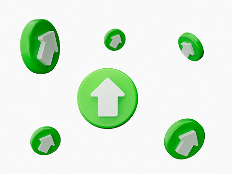 Arrow Up icon. This rounded flat symbol is drawn with eco green color on a white background 3d illustration