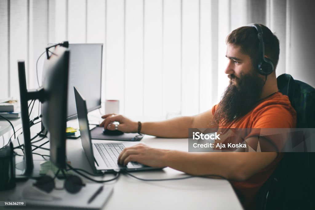 Computer Programmer Working On New Software Program Stock Photo ...