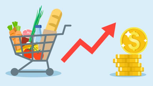 istock Rising food prices. Grocery cart with different products. 1436362245
