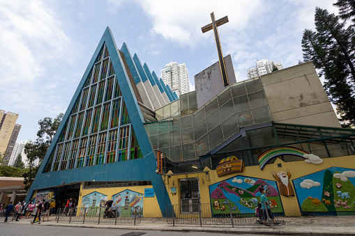 Hong Kong - October 24, 2022 : People at the Redemption Lutheran Church in Wong Tai Sin, Kowloon, Hong Kong.