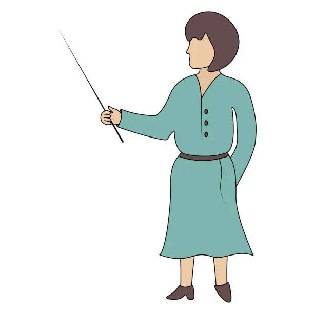 Vector illustration of Cartoon style female teacher leading a lesson at school and holding a pointer in her hands
