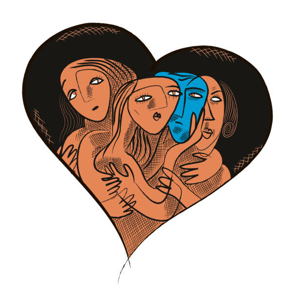 one man three women inside the heart symbol polygamous man polygamy stock illustrations