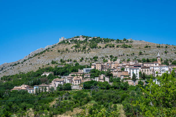 Panorama of the medieval village and the castle of Rocca Calascio stock photo