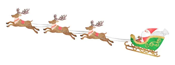 Vector illustration of Santa Claus on a reindeer sleigh, hand-painted watercolor style