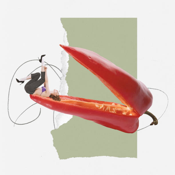 istock Contemporary art collage. Creative design with young stylish man lying inside red chili pepper. Vegetable lover 1436367725