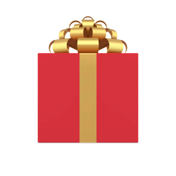 Romantic red squared gift box with golden bow ribbon Christmas holiday congrats 3d icon vector Romantic red squared gift box with golden bow ribbon Christmas holiday congrats celebration side view realistic 3d icon vector illustration. Premium wrapped seasonal Xmas present container package christmas present stock illustrations