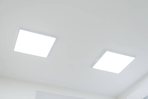 istock Two panels of LED light on white ceiling 1436369036