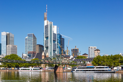 Frankfurt skyline with Main river and Eiserner Steg Bridge city travel traveling in Germany