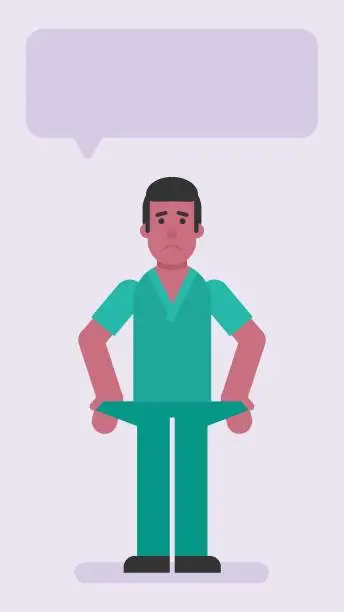 Vector illustration of Nurse man shows empty pockets and upset