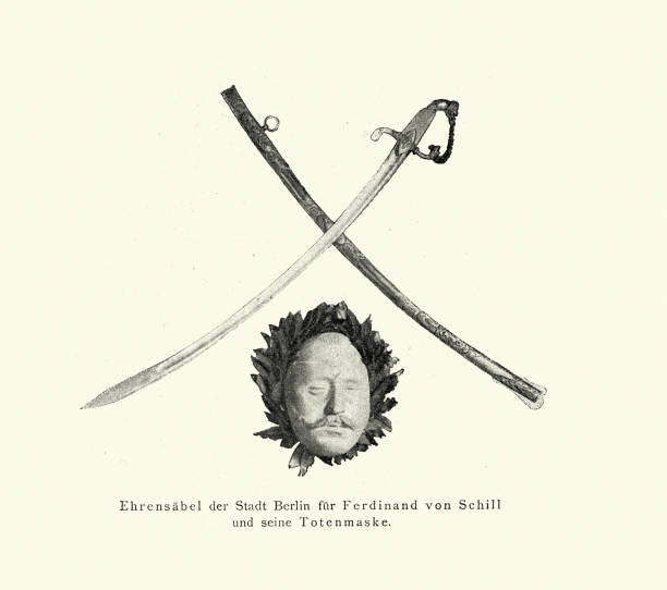 Death mask and sword of Ferdinand von Schill a Prussian major who revolted unsuccessfully against French domination of Prussia in May 1809 Vintage illustration Death mask and sword of Ferdinand von Schill a Prussian major who revolted unsuccessfully against French domination of Prussia in May 1809. revolted stock illustrations