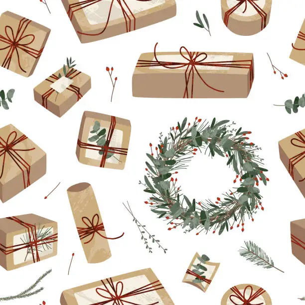 Vector illustration of Seamless pattern with christmas presents in kraft wrapping paper. Rustic craft gift box. Handmade decoration, DIY. Xmas and New Year celebration. Vector flat cartoon illustration, holiday background