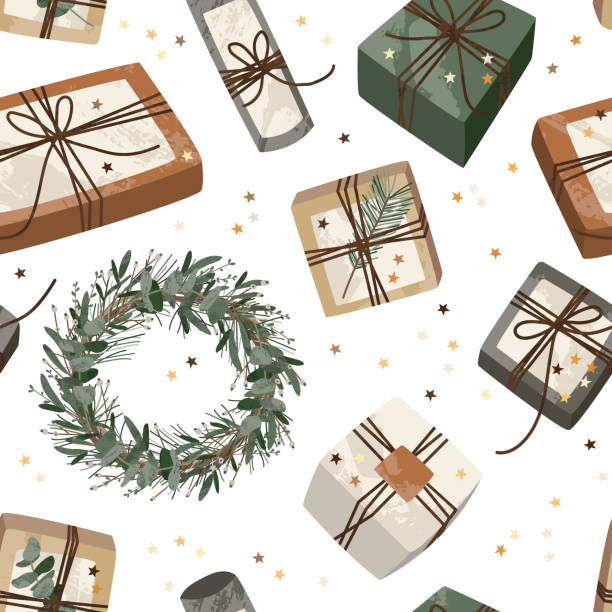 illustrations, cliparts, dessins animés et icônes de motif sans couture avec cadeaux de noël en papier d’emballage kraft. coffret cadeau artisanal rustique. décoration faite à la main, bricolage. noël et célébration du nouvel an. illustration vectorielle de dessin animé plat, arrière-plan de vacanc - christmas pattern paper seamless