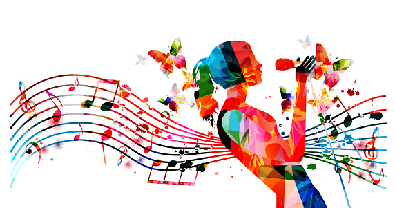 Female singer singing to microphone in intense colors. Performer with musical notes isolated. Vector illustration for live performance and concert events. Music festival, karaoke, talent show poster