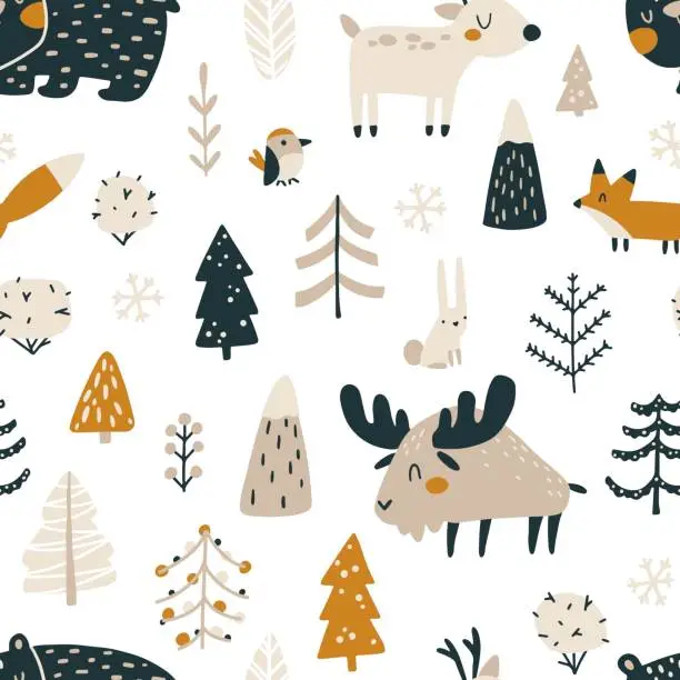 Vector illustration of Winter Christmas seamless pattern with cute forest animals and Christmas trees. Vector naive hand drawn illustration in simple scandinavian style. The limited earthy palette is perfect for textile.