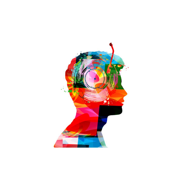 istock Male silhouette with gramophone vinyl LP record in intense colors on white background. Man listening vinyl. Vector illustration 1436380272