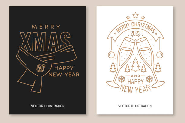 Set of Merry Christmas and 2023 Happy New Year flyer, brochure, banner, poster with glasses of champagne, snowflakes, hanging christmas ball, scarf. Vector. Line art design for xmas, new year emblem in retro style. vector art illustration