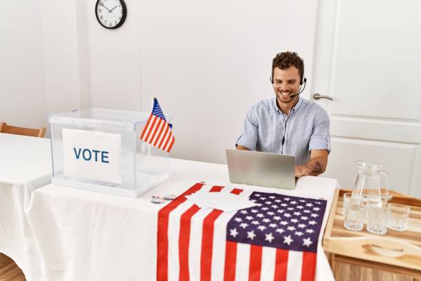 istock Young hispanic man smiling confident having video call at electoral college 1436382852