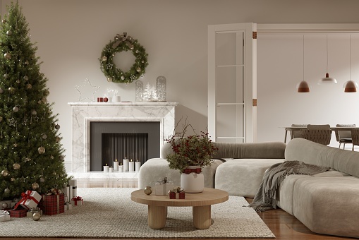 Elegance living room interior with beige sofa,  carpet, coffee table, fireplace and green Christmas tree and decoration. Render image.