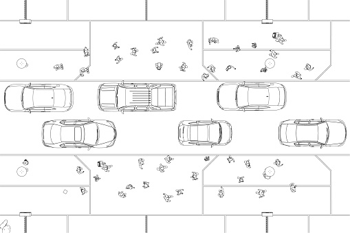 Outline of a busy street with people and cars from black lines isolated on a white background. View from above. 3D. Vector illustration.