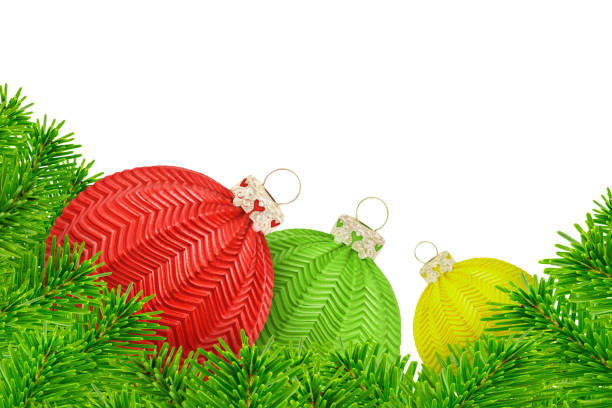 Christmas decoration with fir branches and  3 balls red green yellow isolated on white background Christmas decoration with fir branches and  3 balls red green yellow isolated on white background german free democratic party photos stock pictures, royalty-free photos & images