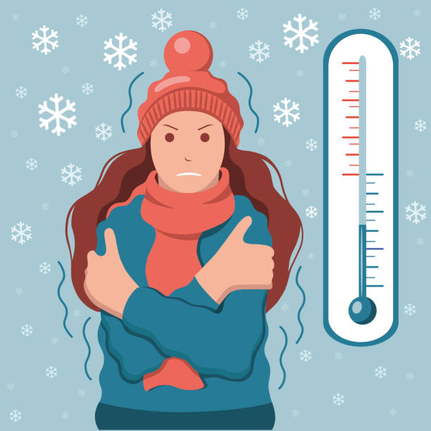 ilustrações de stock, clip art, desenhos animados e ícones de the woman froze in winter.  cold temperature. meteorology thermometer. - congelação