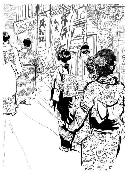 Vector illustration of Japan, street in japan with people in traditional clothing