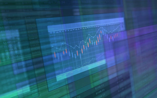 istock 3d financial chart diagram with candlesticks, denotation values, average trend lines. Blue and green gamma tabs illustration. 1436390920